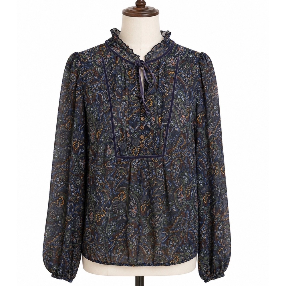 ANA Boho Paisley Blouse M‎ Modest Victorian Prairie Romantic Velvet Trim Top